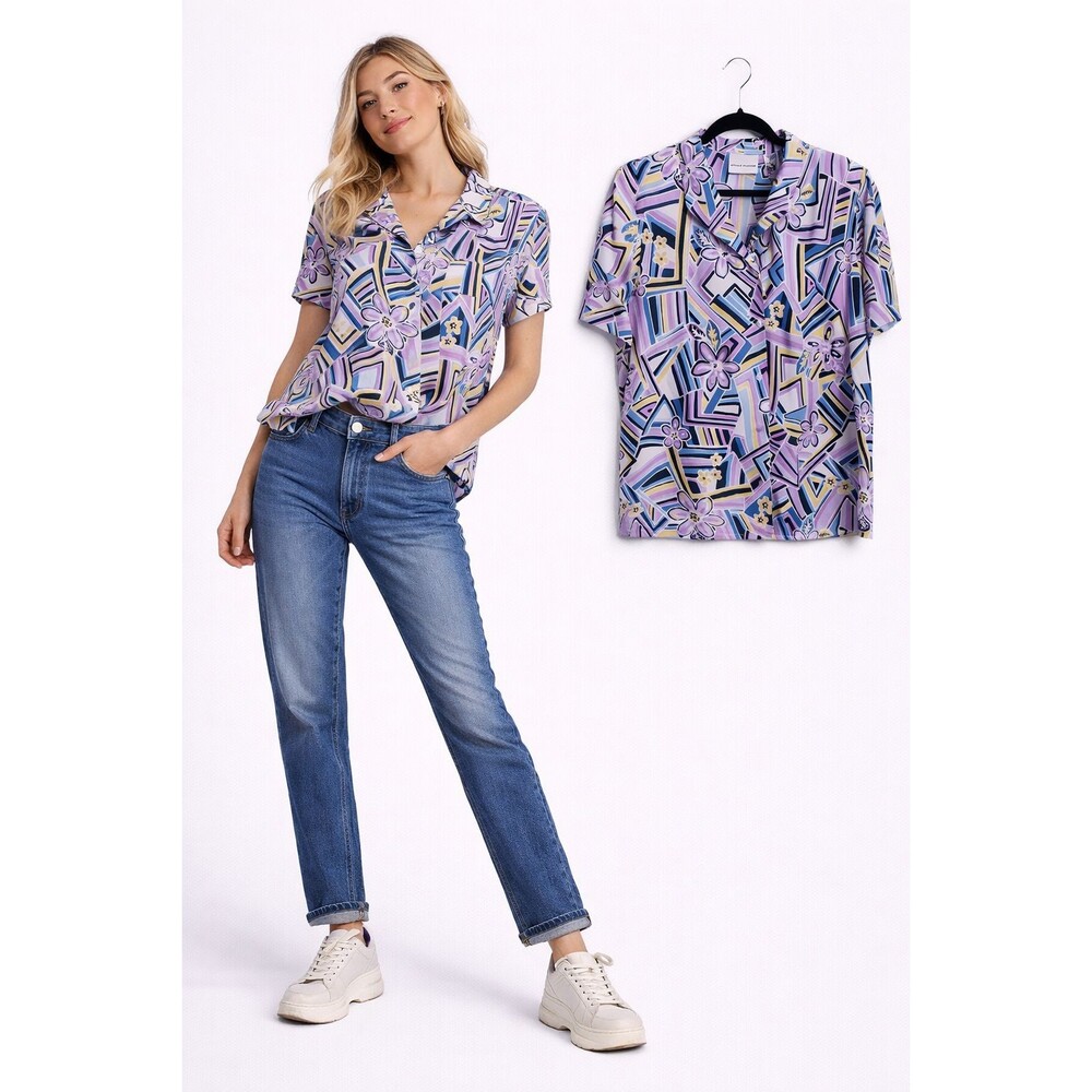 Alfred Dunner Blouse Top Size 16 Purple Geo Floral Print Short Sleeve
